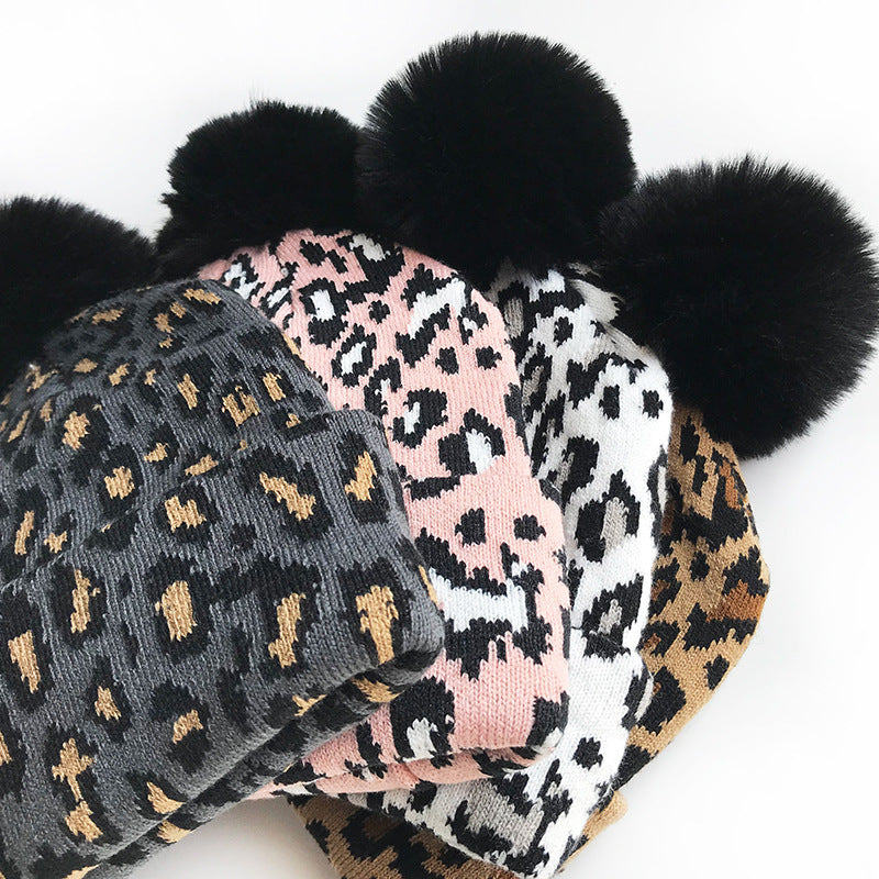 Wholesale Autumn and Winter Warm Double-layer Leopard Print Large Wool Ball Knitted Hats
